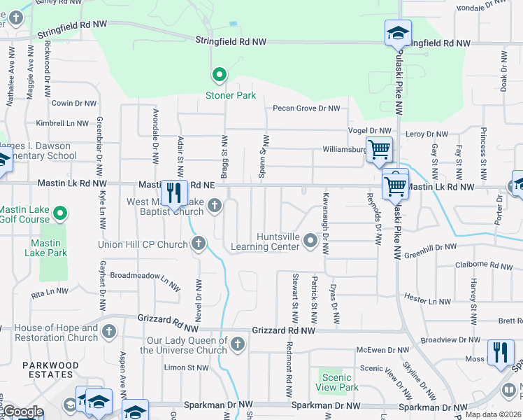 map of restaurants, bars, coffee shops, grocery stores, and more near 3417 Mimosa Lane Northwest in Huntsville
