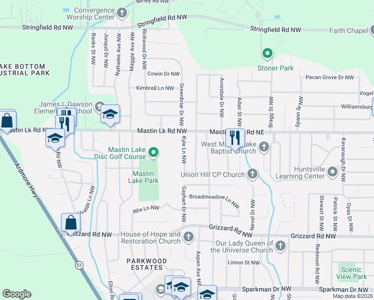 map of restaurants, bars, coffee shops, grocery stores, and more near 3413 Rosedale Drive Northwest in Huntsville