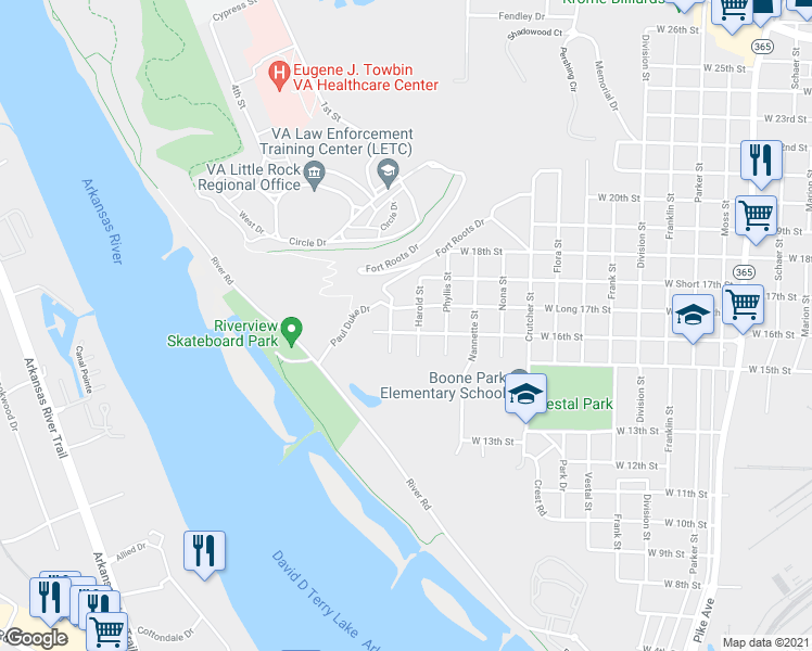 map of restaurants, bars, coffee shops, grocery stores, and more near 2303 West 16th Street in North Little Rock