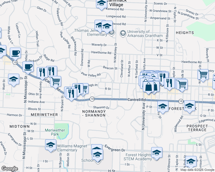 map of restaurants, bars, coffee shops, grocery stores, and more near 1905 Alden Lane in Little Rock