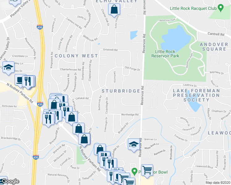 map of restaurants, bars, coffee shops, grocery stores, and more near 18 Ludington Cove in Little Rock