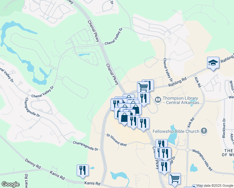 map of restaurants, bars, coffee shops, grocery stores, and more near 17901 Chenal Parkway in Little Rock