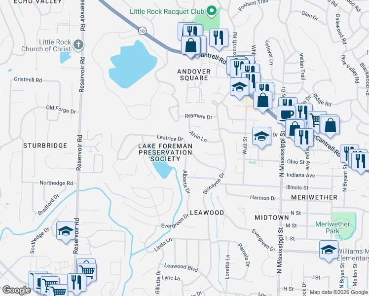 map of restaurants, bars, coffee shops, grocery stores, and more near 8305 Leatrice Drive in Little Rock