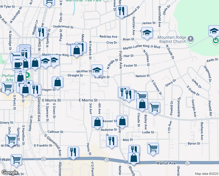 map of restaurants, bars, coffee shops, grocery stores, and more near 100 Bogle Street in Dalton