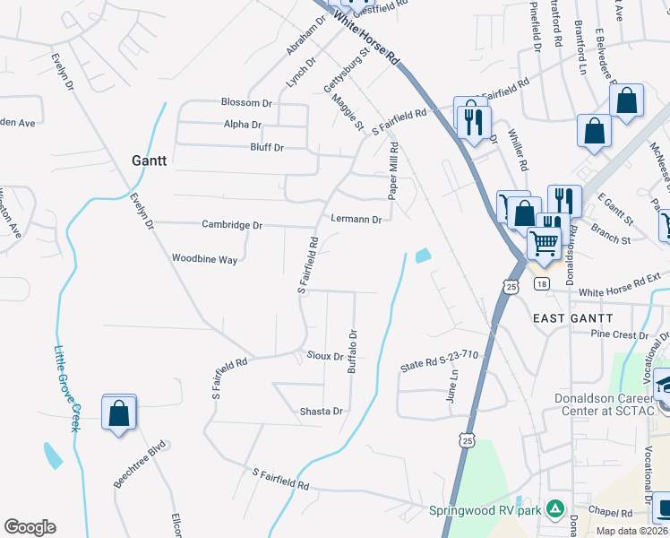 map of restaurants, bars, coffee shops, grocery stores, and more near 444 South Fairfield Road in Greenville