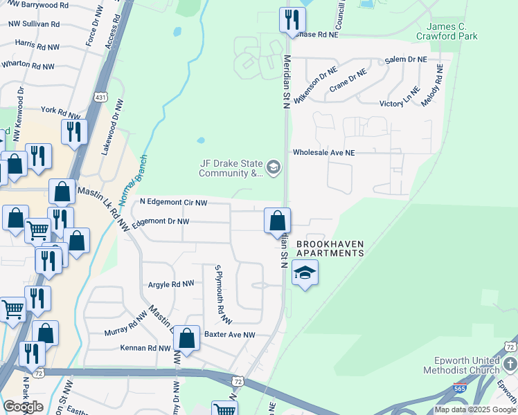 map of restaurants, bars, coffee shops, grocery stores, and more near 202 Mc Donnell Avenue Northwest in Huntsville