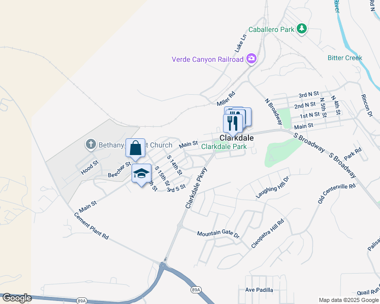 map of restaurants, bars, coffee shops, grocery stores, and more near 1210 1st South Street in Clarkdale