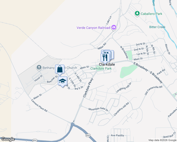 map of restaurants, bars, coffee shops, grocery stores, and more near 1210 1st South Street in Clarkdale
