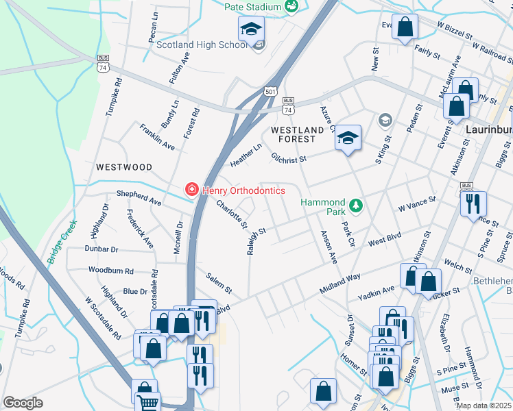 map of restaurants, bars, coffee shops, grocery stores, and more near 908 Scotland Manor Apartments in Laurinburg