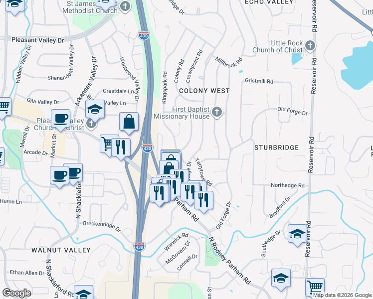 map of restaurants, bars, coffee shops, grocery stores, and more near 5 Queenspark Road in Little Rock