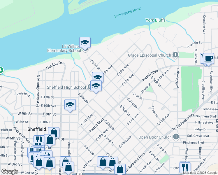 map of restaurants, bars, coffee shops, grocery stores, and more near 1700-1798 East 30th Street in Sheffield