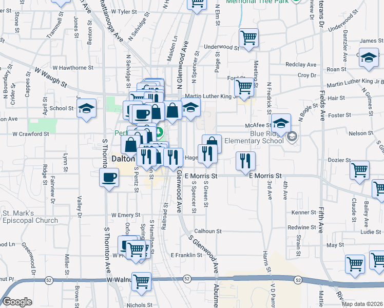 map of restaurants, bars, coffee shops, grocery stores, and more near 209 Hagen Street in Dalton