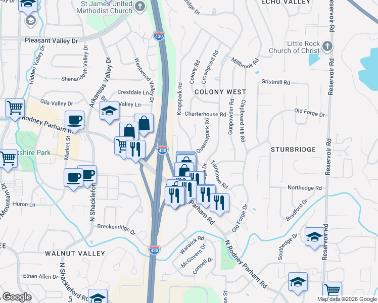 map of restaurants, bars, coffee shops, grocery stores, and more near 1420 Breckenridge Drive in Little Rock