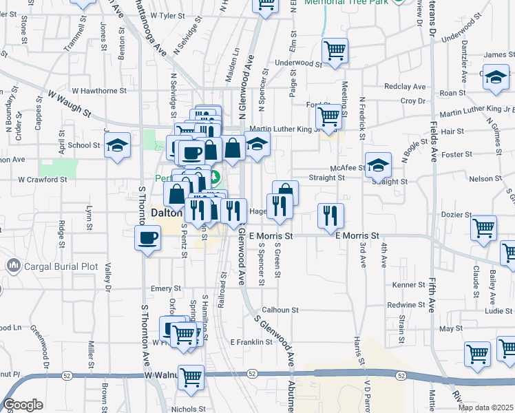 map of restaurants, bars, coffee shops, grocery stores, and more near 209 Hagen Street in Dalton