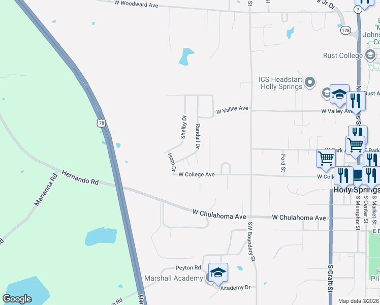 map of restaurants, bars, coffee shops, grocery stores, and more near 180 Randall Drive in Holly Springs