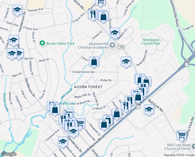 map of restaurants, bars, coffee shops, grocery stores, and more near 111 Puller Drive in Jacksonville