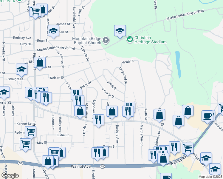 map of restaurants, bars, coffee shops, grocery stores, and more near 224 South Drive in Dalton