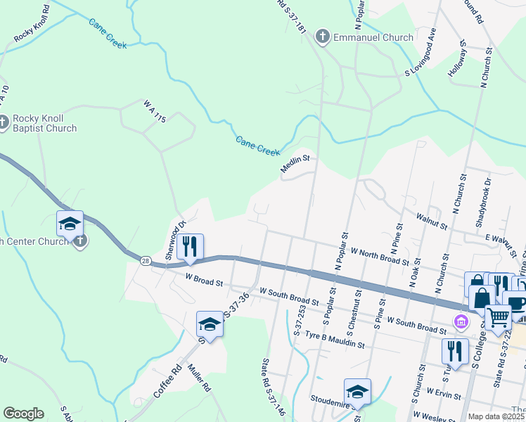 map of restaurants, bars, coffee shops, grocery stores, and more near 305 East Woodland Drive in Walhalla