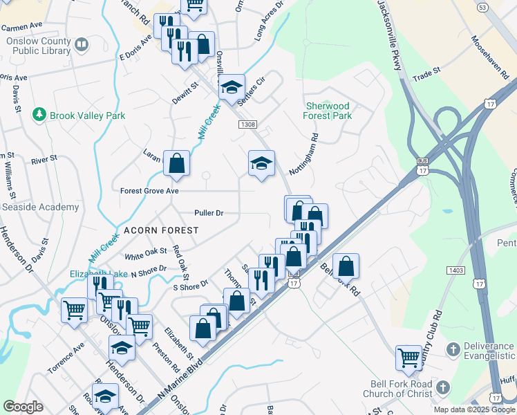 map of restaurants, bars, coffee shops, grocery stores, and more near 201 Puller Drive in Jacksonville