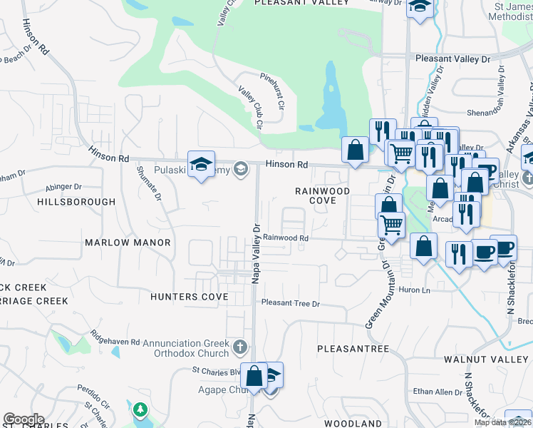 map of restaurants, bars, coffee shops, grocery stores, and more near 1925 Napa Valley Drive in Little Rock