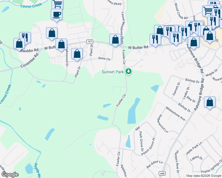 map of restaurants, bars, coffee shops, grocery stores, and more near 220 Fowler Circle in Greenville
