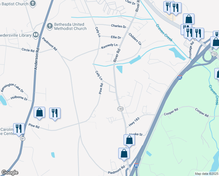 map of restaurants, bars, coffee shops, grocery stores, and more near 515 Cely Lane in Piedmont