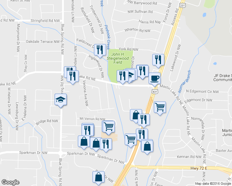 map of restaurants, bars, coffee shops, grocery stores, and more near 3412 Elizabeth Street Northwest in Huntsville