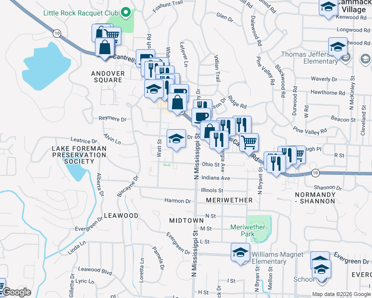 map of restaurants, bars, coffee shops, grocery stores, and more near 7700 Ohio Street in Little Rock