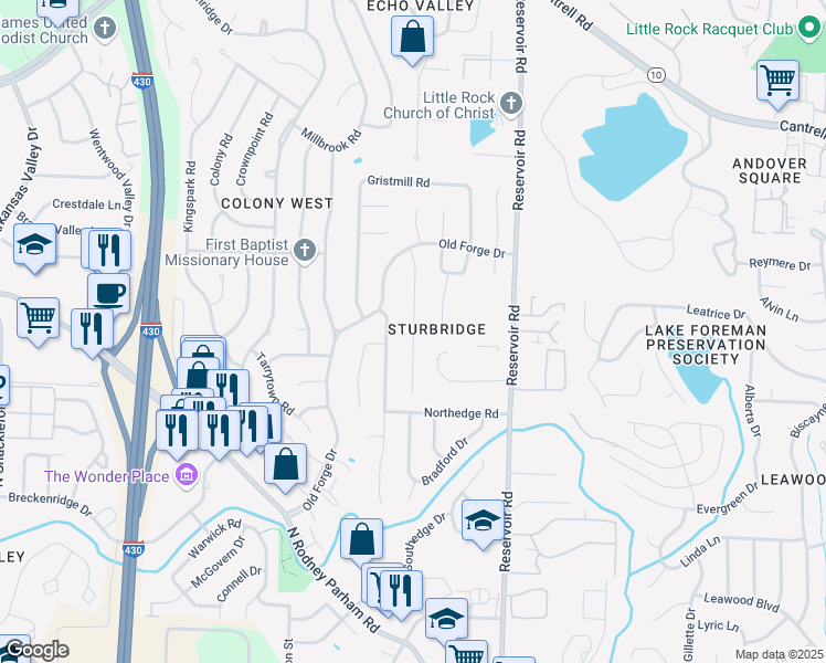 map of restaurants, bars, coffee shops, grocery stores, and more near 7 Coachlight Drive in Little Rock
