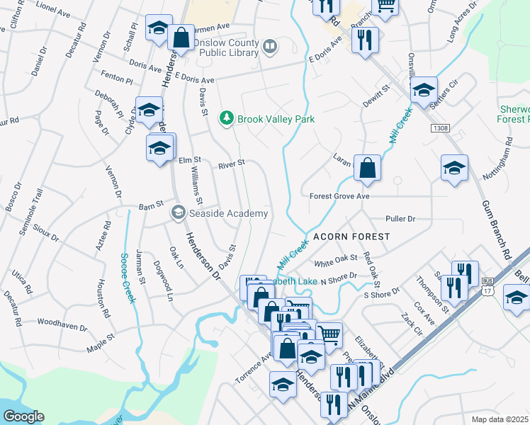 map of restaurants, bars, coffee shops, grocery stores, and more near 1105 River Street in Jacksonville