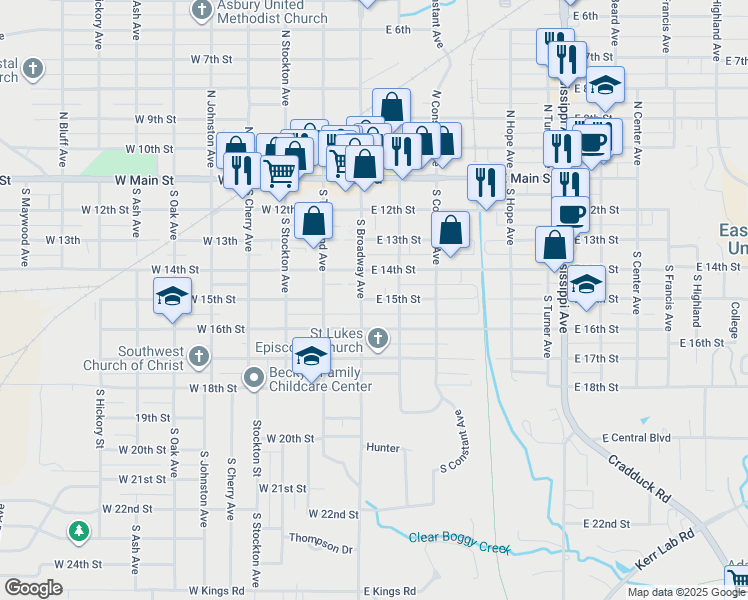 map of restaurants, bars, coffee shops, grocery stores, and more near 111 East 15th Street in Ada