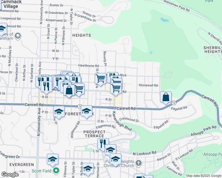 map of restaurants, bars, coffee shops, grocery stores, and more near 5022 Club Road in Little Rock