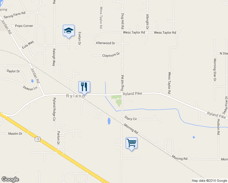 map of restaurants, bars, coffee shops, grocery stores, and more near 485 Ryland Pike in Huntsville