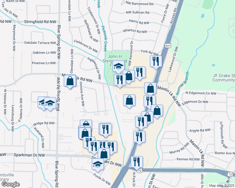 map of restaurants, bars, coffee shops, grocery stores, and more near 2228 Jonathan Drive Northwest in Huntsville