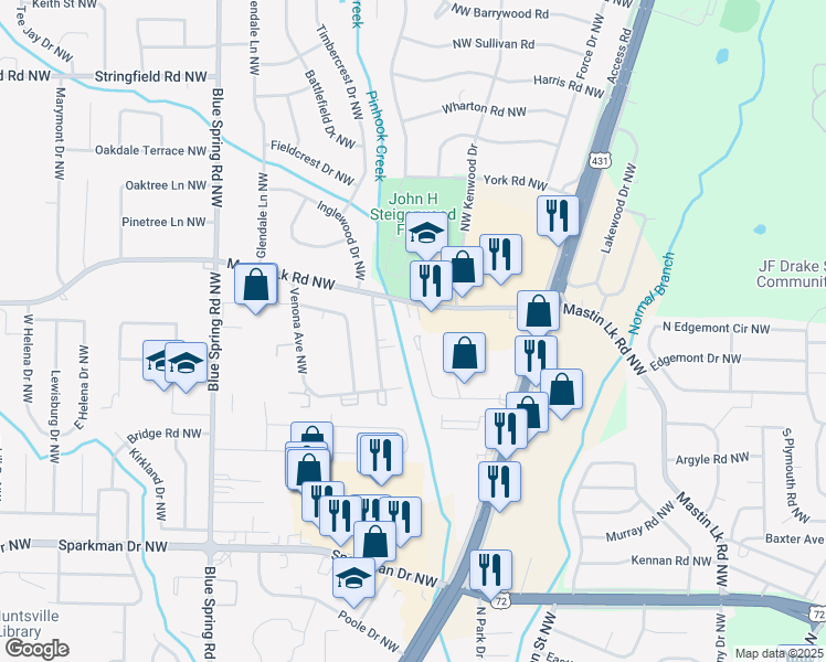 map of restaurants, bars, coffee shops, grocery stores, and more near 2228 Jonathan Drive Northwest in Huntsville