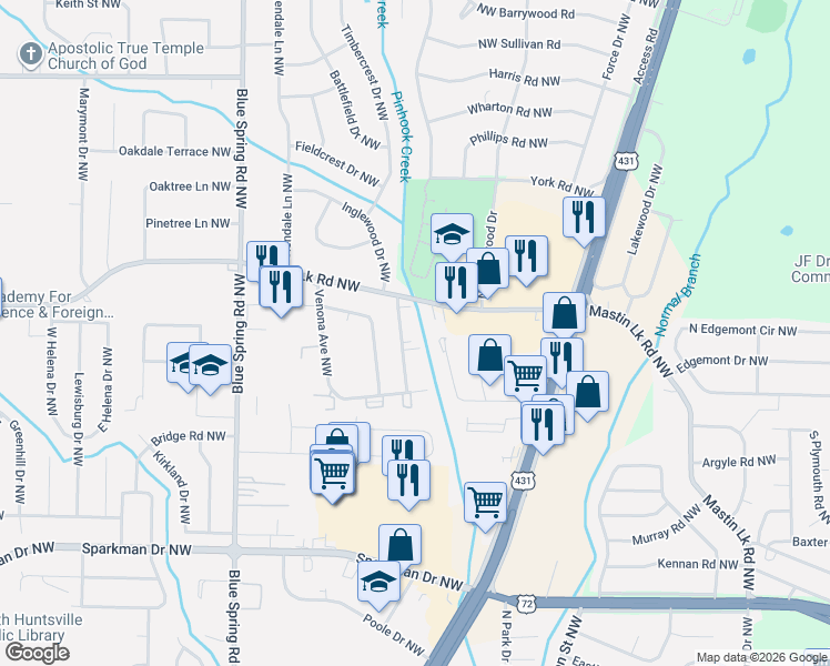 map of restaurants, bars, coffee shops, grocery stores, and more near 3412 Elizabeth Street Northwest in Huntsville