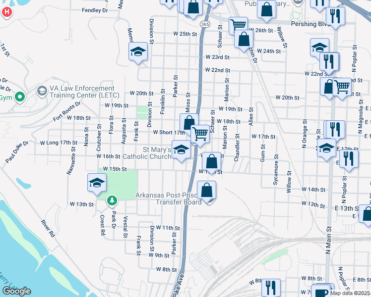 map of restaurants, bars, coffee shops, grocery stores, and more near 1205 West 16th Street in North Little Rock
