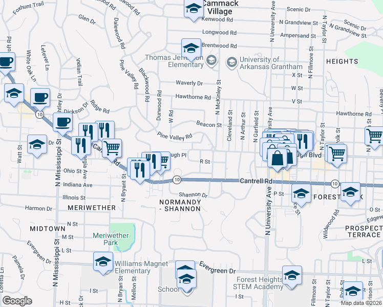 map of restaurants, bars, coffee shops, grocery stores, and more near 6523 R Street in Little Rock
