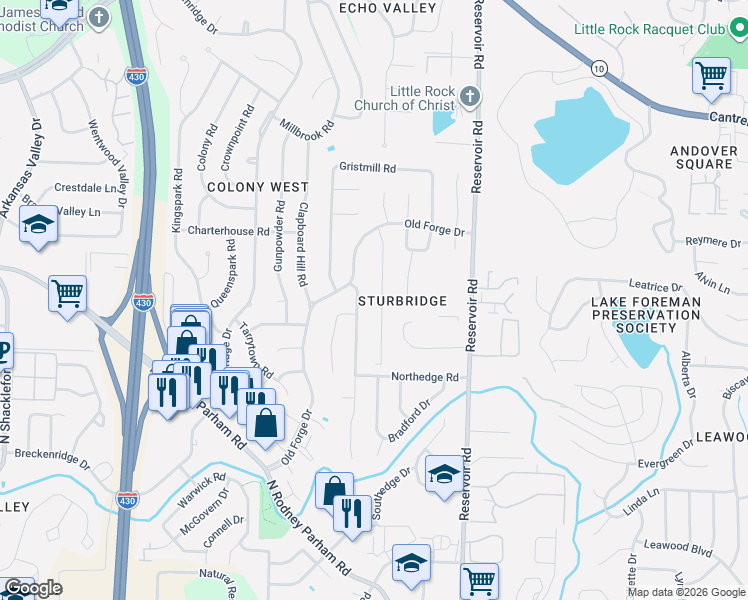 map of restaurants, bars, coffee shops, grocery stores, and more near 7 Coachlight Drive in Little Rock