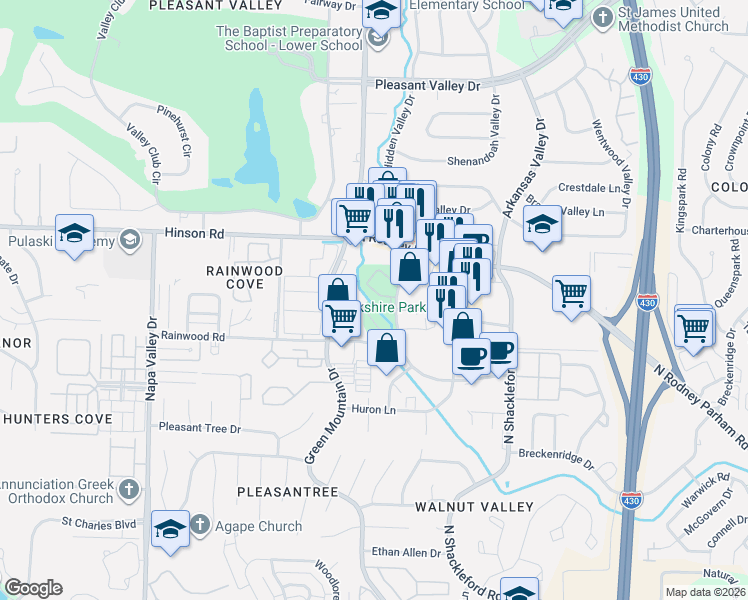 map of restaurants, bars, coffee shops, grocery stores, and more near 24 Wickford Lane in Little Rock