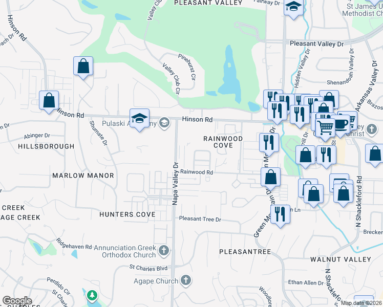 map of restaurants, bars, coffee shops, grocery stores, and more near 1925 Napa Valley Drive in Little Rock