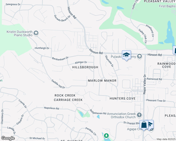 map of restaurants, bars, coffee shops, grocery stores, and more near 1800 Hillsborough Lane in Little Rock