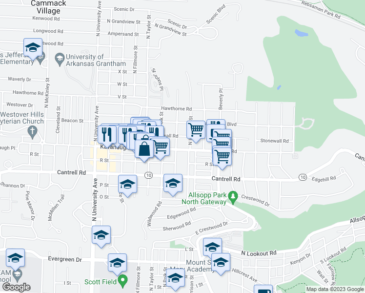 map of restaurants, bars, coffee shops, grocery stores, and more near 5314 Kavanaugh Boulevard in Little Rock