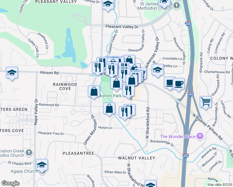 map of restaurants, bars, coffee shops, grocery stores, and more near 11330 Arcade Drive in Little Rock