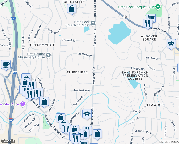 map of restaurants, bars, coffee shops, grocery stores, and more near 1900 Reservoir Road in Little Rock
