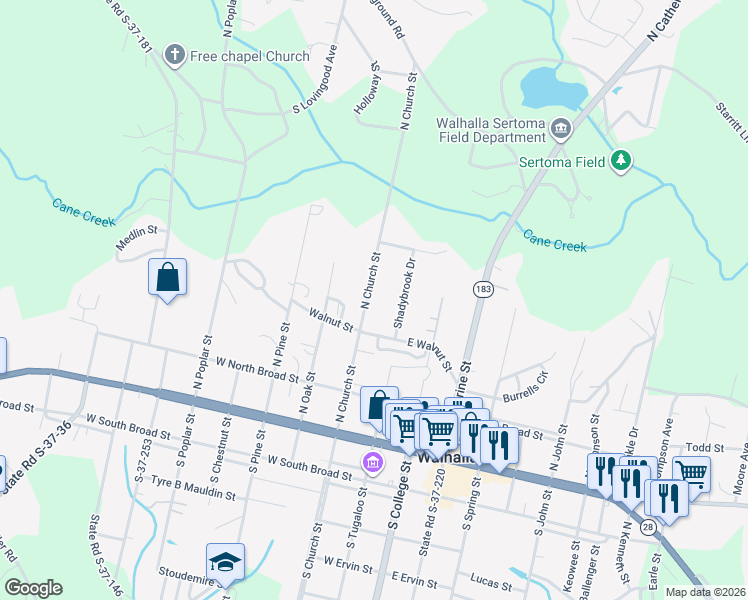 map of restaurants, bars, coffee shops, grocery stores, and more near 306 North Church Street in Walhalla