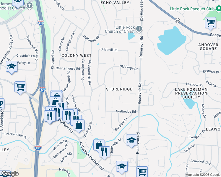 map of restaurants, bars, coffee shops, grocery stores, and more near 7 Coachlight Drive in Little Rock