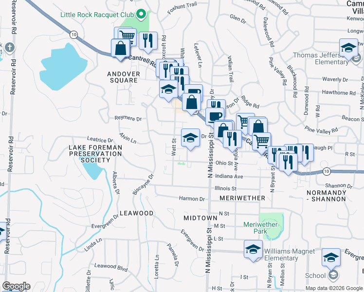 map of restaurants, bars, coffee shops, grocery stores, and more near 7803 Bonnie Brae Road in Little Rock