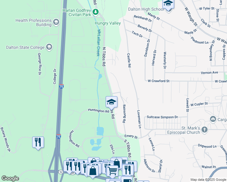 map of restaurants, bars, coffee shops, grocery stores, and more near 100 North Tibbs Road in Dalton