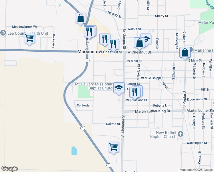 map of restaurants, bars, coffee shops, grocery stores, and more near 121 Sunset in Marianna